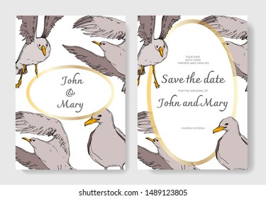 Vector Sky bird seagull in a wildlife. Black and white engraved ink art. Wedding background card decorative border. Thank you, rsvp, invitation elegant card illustration graphic set banner.