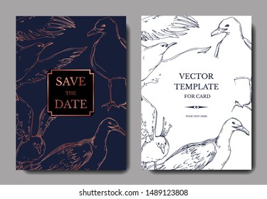 Vector Sky bird seagull in a wildlife. Black and white engraved ink art. Wedding background card decorative border. Thank you, rsvp, invitation elegant card illustration graphic set banner.