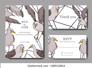 Vector Sky bird seagull in a wildlife. Black and white engraved ink art. Wedding background card decorative border. Thank you, rsvp, invitation elegant card illustration graphic set banner.