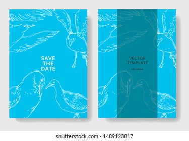 Vector Sky bird seagull in a wildlife. Black and white engraved ink art. Wedding background card decorative border. Thank you, rsvp, invitation elegant card illustration graphic set banner.