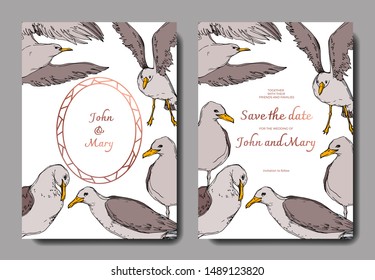 Vector Sky bird seagull in a wildlife. Black and white engraved ink art. Wedding background card decorative border. Thank you, rsvp, invitation elegant card illustration graphic set banner.