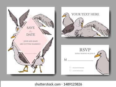 Vector Sky bird seagull in a wildlife. Black and white engraved ink art. Wedding background card decorative border. Thank you, rsvp, invitation elegant card illustration graphic set banner.