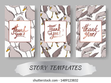 Vector Sky bird seagull in a wildlife. Black and white engraved ink art. Wedding background card decorative border. Thank you, rsvp, invitation elegant card illustration graphic set banner.