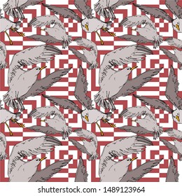 Vector Sky bird seagull in a wildlife. Wild freedom, bird with a flying wings. Black and white engraved ink art. Seamless background pattern. Fabric wallpaper print texture.