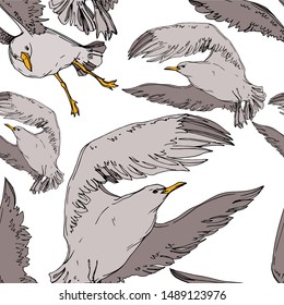 Vector Sky bird seagull in a wildlife. Wild freedom, bird with a flying wings. Black and white engraved ink art. Seamless background pattern. Fabric wallpaper print texture.