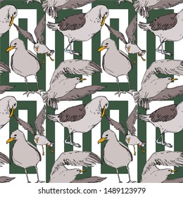 Vector Sky bird seagull in a wildlife. Wild freedom, bird with a flying wings. Black and white engraved ink art. Seamless background pattern. Fabric wallpaper print texture.