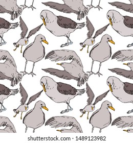 Vector Sky bird seagull in a wildlife. Wild freedom, bird with a flying wings. Black and white engraved ink art. Seamless background pattern. Fabric wallpaper print texture.