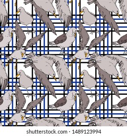 Vector Sky bird seagull in a wildlife. Wild freedom, bird with a flying wings. Black and white engraved ink art. Seamless background pattern. Fabric wallpaper print texture.