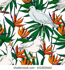 Vector Sky bird seagull in a wildlife. Black and white engraved ink art. Seamless background pattern. Fabric wallpaper print texture on white background.