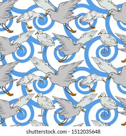Vector Sky bird seagull in a wildlife isolated. Wild freedom, bird with a flying wings. Black and white engraved ink art. Seamless background pattern. Fabric wallpaper print texture.