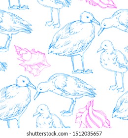 Vector Sky bird seagull in a wildlife isolated. Wild freedom, bird with a flying wings. Black and white engraved ink art. Seamless background pattern. Fabric wallpaper print texture.