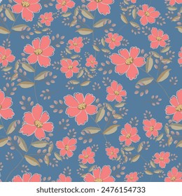 Vector sky blue color abstract Anemone flower motif seamless repeat pattern