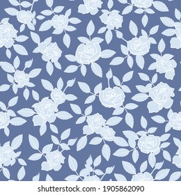 Vector sky blue rose in dark background seamless pattern design