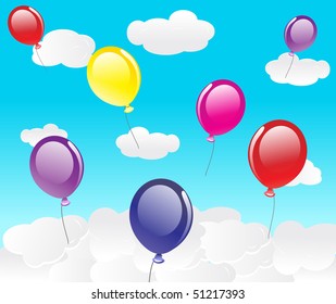 vector sky with clouds and balloons.