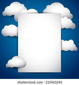 Vector sky with clouds and blank paper sheet
