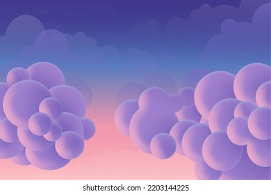 Vector sky with clouds cartoon in purple, pink and blue and sun light background. Illustration for design
