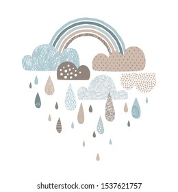Vector sky illustration with clouds, rain drops and rainbows Cute doodle decorative scandinavian print for textile, fabric, apparel kid nursery design