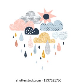 Vector sky illustration with clouds, rain drops and sun. Cute doodle decorative scandinavian print for textile, fabric, apparel kid nursery design