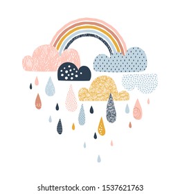 Ilustração de céu vetorial com nuvens, gotas de chuva e arco-íris Cute doodle impressão escandinava decorativa para têxteis, tecido, vestuário infantil design de berçário