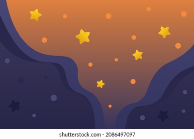 Vector sky illustration in dark blue and orange colors. Magical digital art. Use for fabric print, poster, web site or mobile app background. Tranquil peaceful vibrant drawing. Bright space and stars.