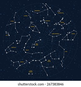 Vector sky map, constellations, stars, andromeda,lacerta, cygnus, lyra, hercules, draco, bootes, minor, major, lynx, auriga, camelopardalis, perseus, triangulum, cassiopeia, cepheus