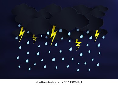 vector. sky was overcast and the rain is going to fall. And there is a group of dark clouds and dense and has a lightning  downward. and an Origami or paper art style. And use it as a background.
