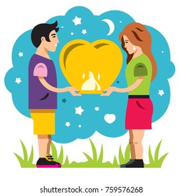 Vector Sky Paper Lantern and Man Cartoon Illustration.