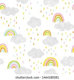 Vector sky pattern with clouds, rain drops and rainbows. Cute doodle scandinavian seamless background in blue, pink, yellow and gray.