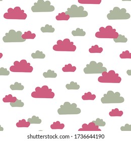 Vector sky pattern in pink and green. Simple doodle clouds made into repeat. Great for background, wallpaper, wrapping paper, packaging, fashion.
