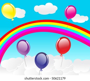 vector sky with raibow, clouds and balloons.
