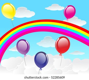 vector sky with raibow, clouds and balloons.