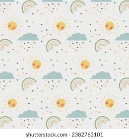 Vector sky seamless pattern with clouds, rain drops, rainbow, sun. Cute doodle decorative scandinavian print for textile, fabric, apparel gender-neutral kid nursery design