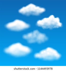 Vector sky set of realistic white transparent clouds on blue background 