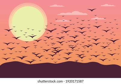 vector sky with sun. flat image of flying birds over the hills
