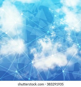 Vector Sky and Triangles Background. Futuristic Technology Background. Dots and Lines Connection. Clouds Background.