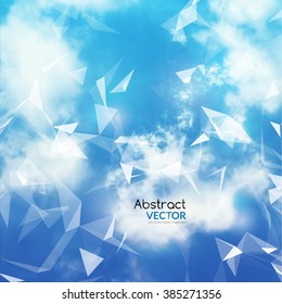 Vector Sky and Triangles Background. Futuristic Technology Background. Dots and Lines Connection. Clouds Background.