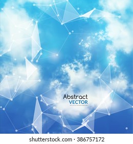 Vector Sky and Triangles Background. Futuristic Technology Background. Dots and Lines Connection. Clouds Background.