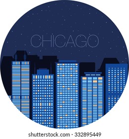 Vector skyline of famous buildings of Chicago. Colorful flat style panorama of the metropolis. Vector illustration of apartment blocks in a city at night. Panorama of night lights of Chicago.  
