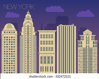 Vector skyline of famous buildings of New York. Colorful flat style panorama of the metropolis. Vector illustration of apartment blocks in a city at night. Panorama of night lights of New York.  