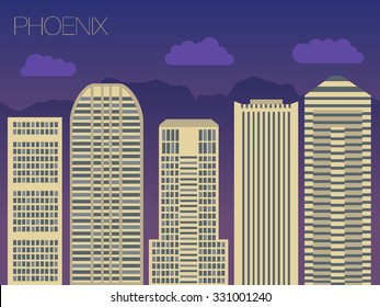 Vector skyline of famous buildings of Phoenix. Colorful flat style panorama of the metropolis. Vector illustration of apartment blocks in a city at night. Panorama of night lights of Phoenix.  