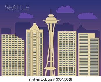 Vector skyline of famous buildings of Seattle. Colorful flat style panorama of the metropolis. Vector illustration of apartment blocks in a city at night. Panorama of night lights of Seattle.  