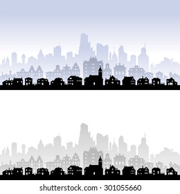 Vector skyline of an imaginary city, with houses in the front, buildings in the middle and skyscrapers in the back level