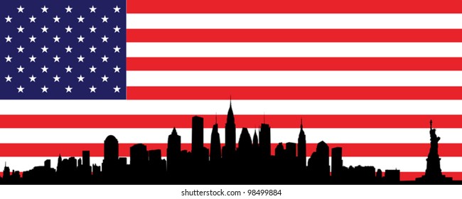 Vector of skyline of new york city with flag of united states of america