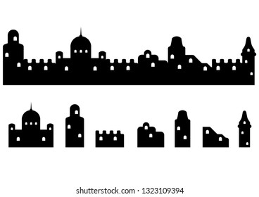 Vector skyline of small middle east town, buildings silhouettes, cityscape illustration