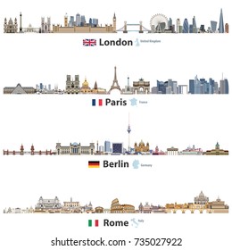 vector skylines of London, Paris, Berlin and Rome. Flags and maps of United Kingdom(and England), France, Germany and Italy