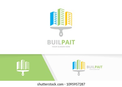 Vector skyscraper and brush logo combination. House and paintbrush symbol or icon. Unique real estate and print logotype design template.
