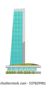 Vector skyscraper in flat design. Exterior facade of modern urban architecture. Building for business center, office or apartment. Cartoon illustration of glass city construction. Cityscape element.