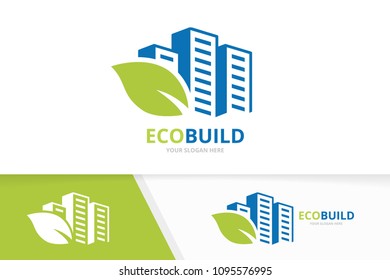 Vector skyscraper and leaf logo combination. House and eco symbol or icon. Unique real estate and organic logotype design template.