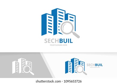 Vector skyscraper and loupe logo combination. House and magnifying symbol or icon. Unique real estate and search logotype design template.
