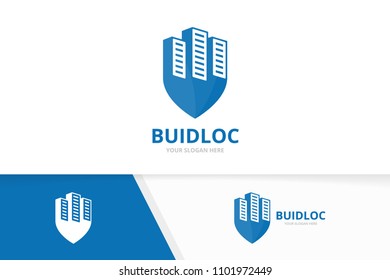 Vector skyscraper and map pointer logo combination. House and gps locator symbol or icon. Unique real estate and pin logotype design template.